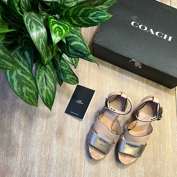 Coach Leather Isla Metallic Wedge Sandal Size 9.5 - Picture 1 of 10